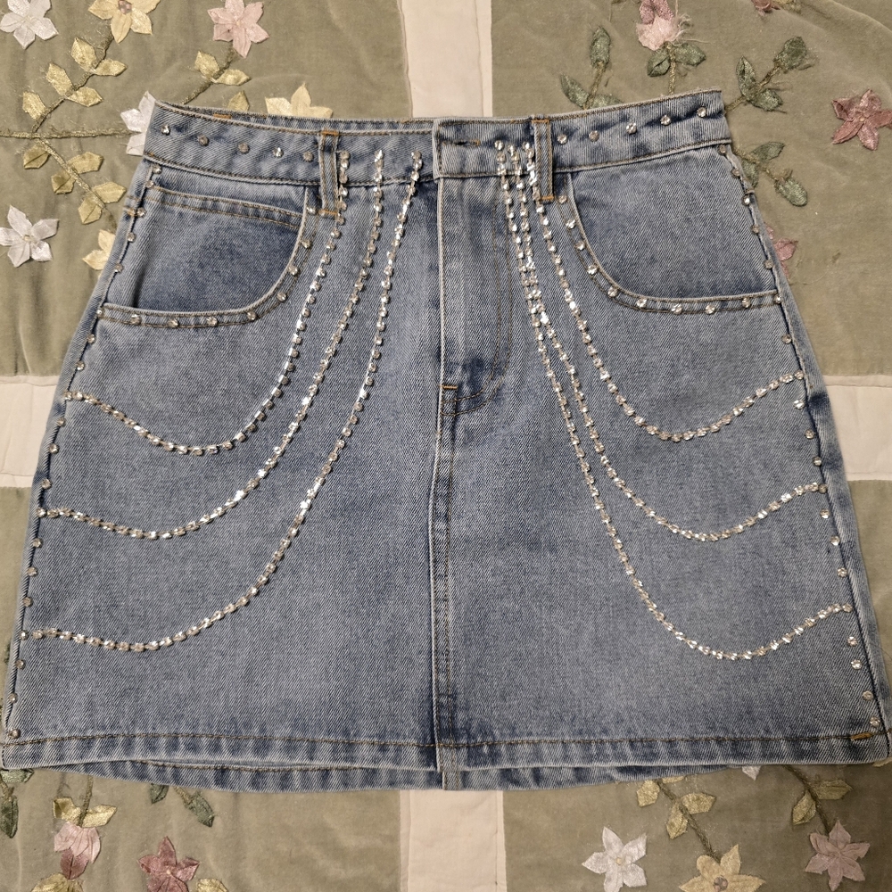 Crystal Embellished Denim Mini Skirt